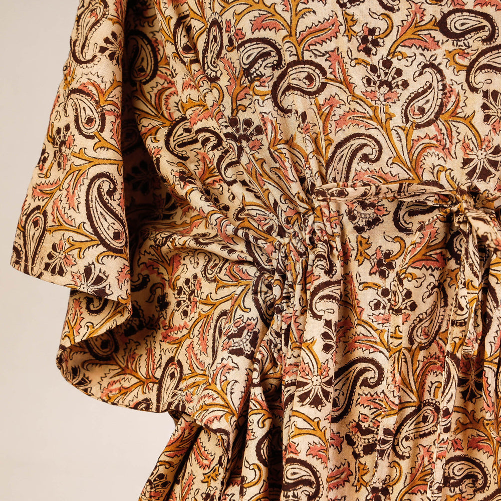 Beige - Block Print Cotton Kalamkari Kaftan with Tie-Up Waist (Short)