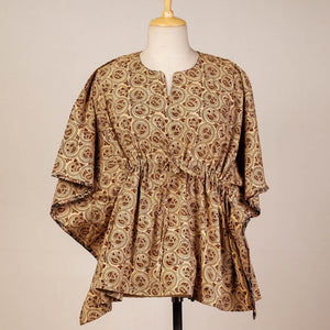 Beige - Block Print Cotton Kalamkari Kaftan with Tie-Up Waist (Short)