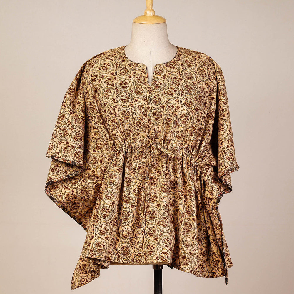 Beige - Block Print Cotton Kalamkari Kaftan with Tie-Up Waist (Short)