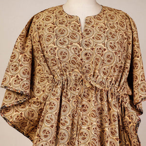 Beige - Block Print Cotton Kalamkari Kaftan with Tie-Up Waist (Short)