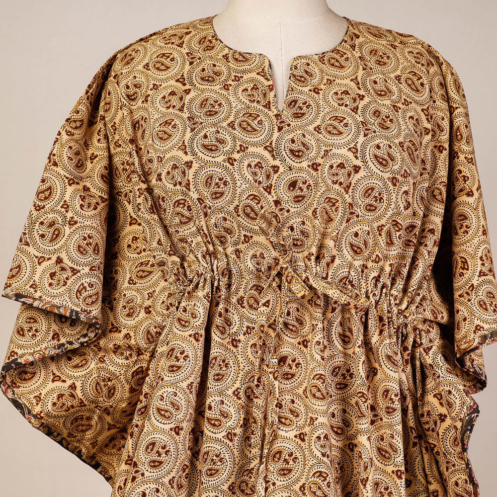 Beige - Block Print Cotton Kalamkari Kaftan with Tie-Up Waist (Short)