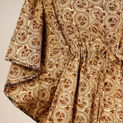 Beige - Block Print Cotton Kalamkari Kaftan with Tie-Up Waist (Short)