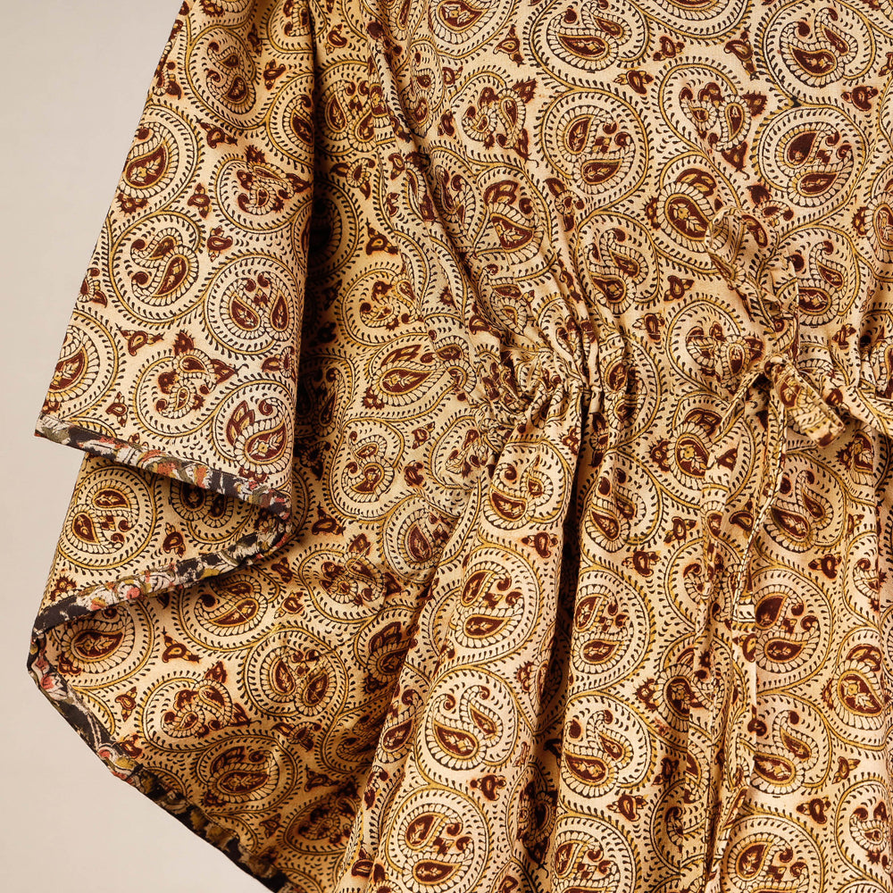 Beige - Block Print Cotton Kalamkari Kaftan with Tie-Up Waist (Short)