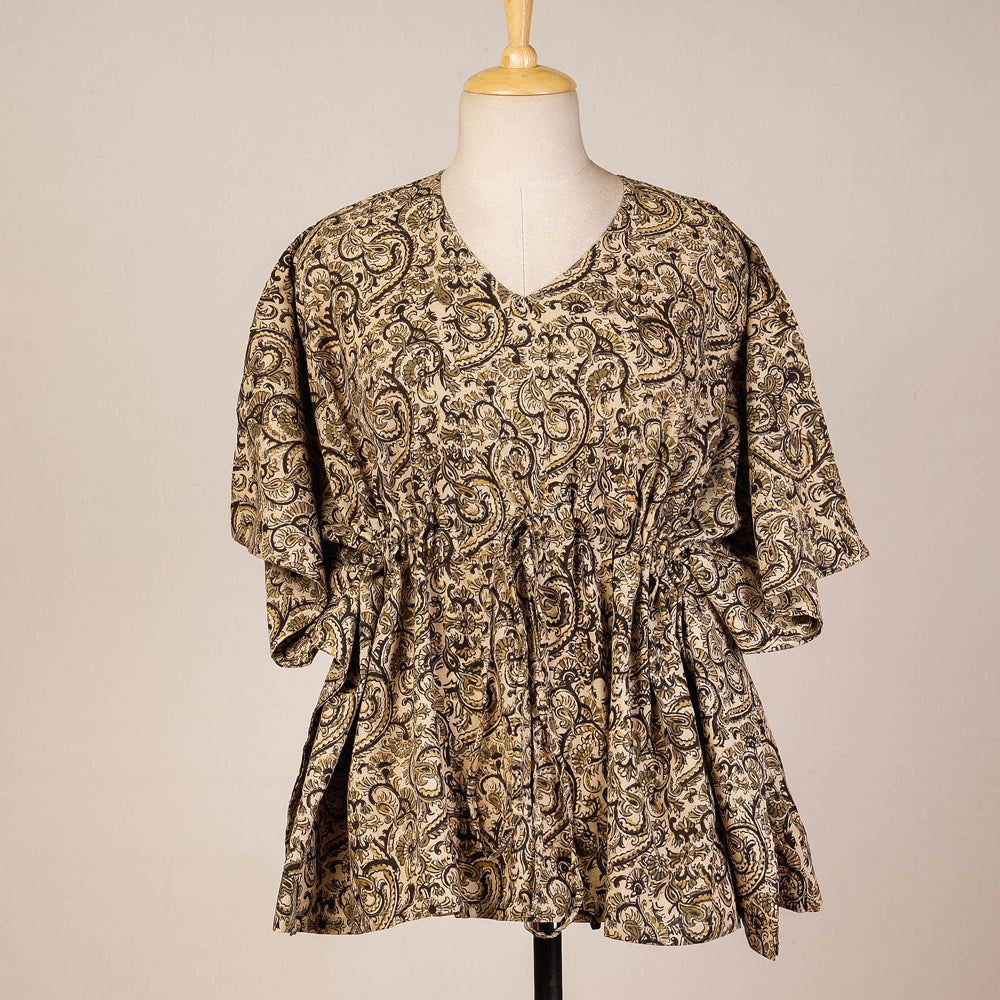 Beige - Block Print Cotton Kalamkari Kaftan with Tie-Up Waist (Short)