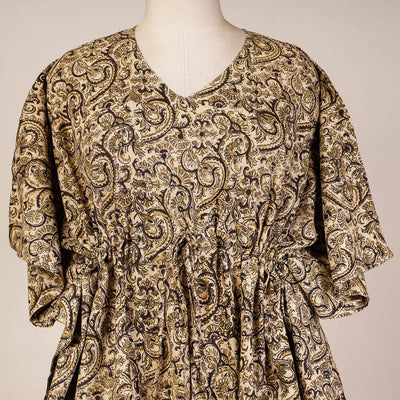 Beige - Block Print Cotton Kalamkari Kaftan with Tie-Up Waist (Short)