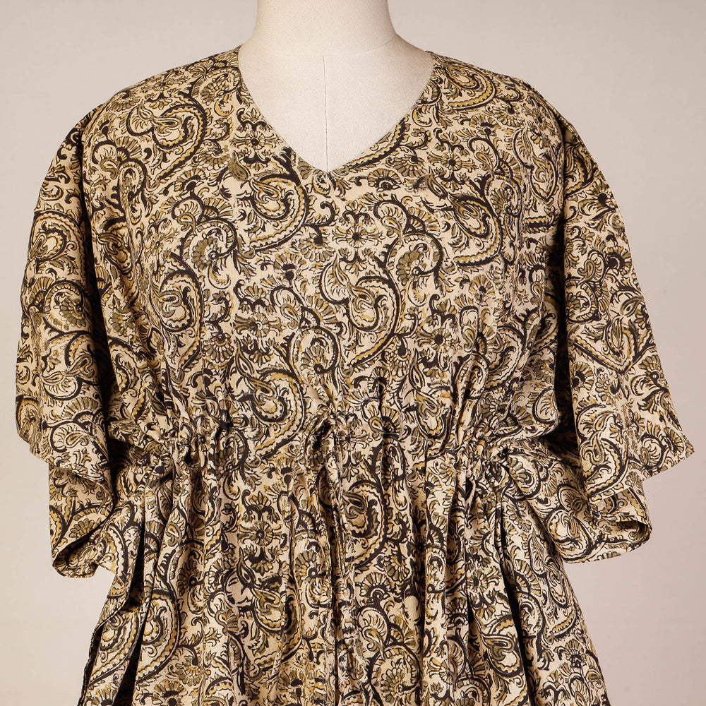 Beige - Block Print Cotton Kalamkari Kaftan with Tie-Up Waist (Short)