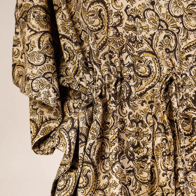 Beige - Block Print Cotton Kalamkari Kaftan with Tie-Up Waist (Short)
