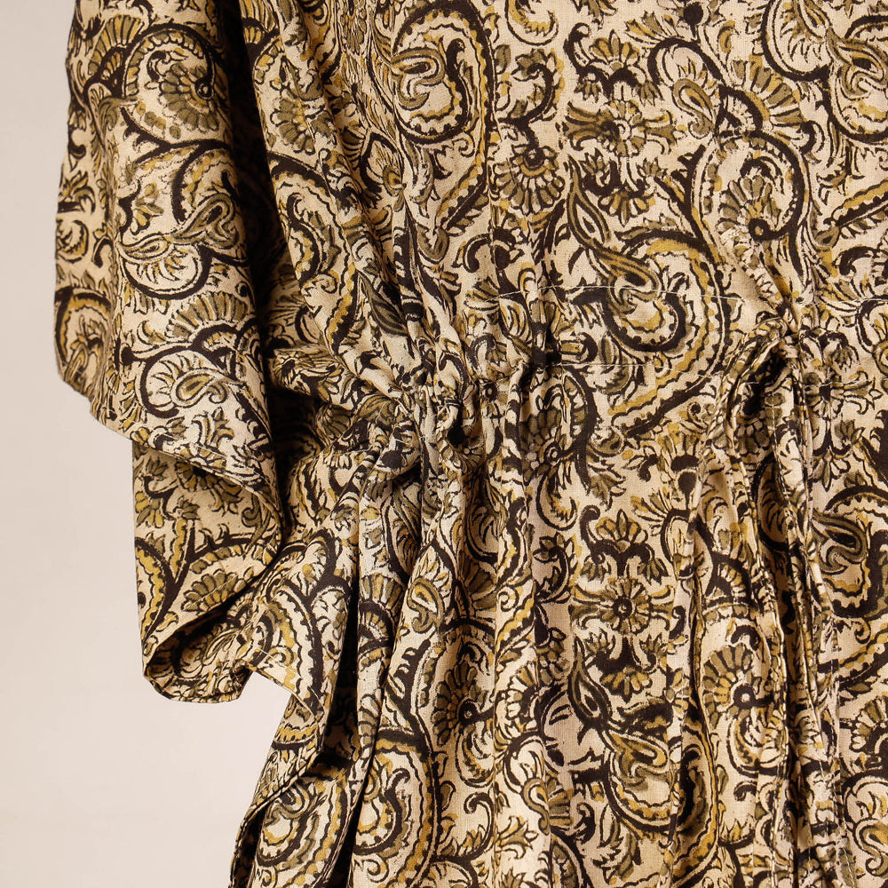 Beige - Block Print Cotton Kalamkari Kaftan with Tie-Up Waist (Short)