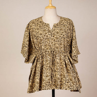 Beige - Block Print Cotton Kalamkari Kaftan with Tie-Up Waist (Short)