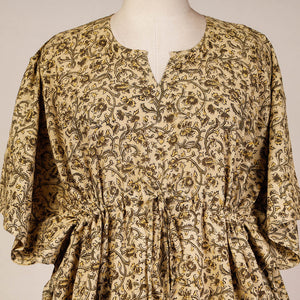 Beige - Block Print Cotton Kalamkari Kaftan with Tie-Up Waist (Short)