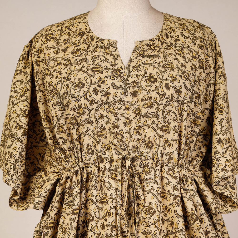 Beige - Block Print Cotton Kalamkari Kaftan with Tie-Up Waist (Short)