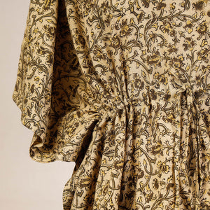 Beige - Block Print Cotton Kalamkari Kaftan with Tie-Up Waist (Short)