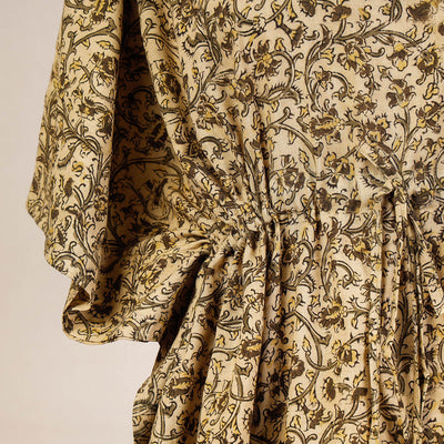 Beige - Block Print Cotton Kalamkari Kaftan with Tie-Up Waist (Short)