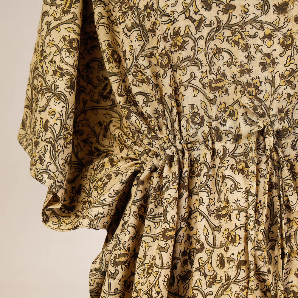 Beige - Block Print Cotton Kalamkari Kaftan with Tie-Up Waist (Short)