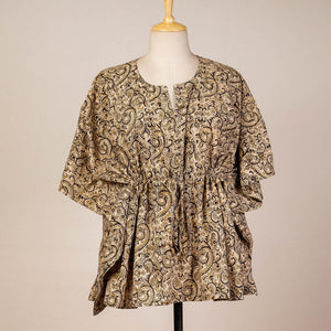 Beige - Block Print Cotton Kalamkari Kaftan with Tie-Up Waist (Short)