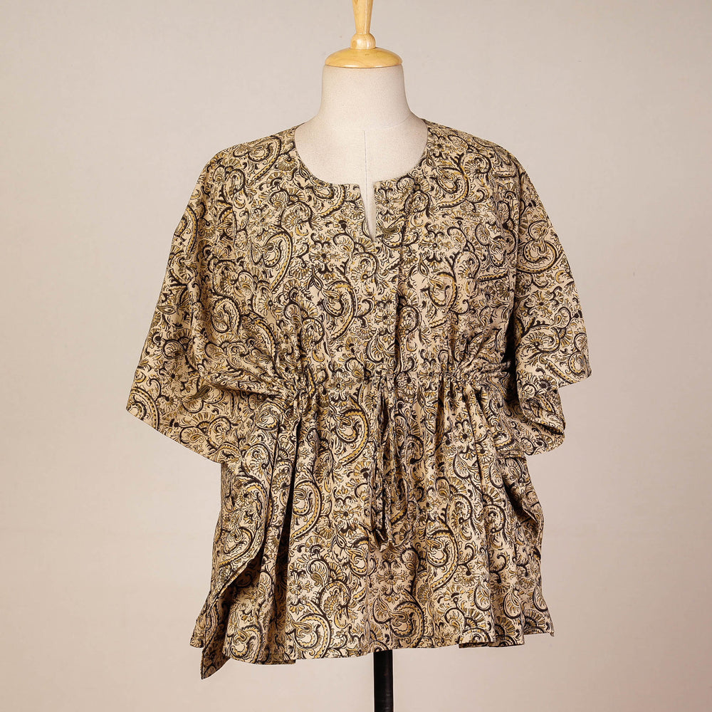 Beige - Block Print Cotton Kalamkari Kaftan with Tie-Up Waist (Short)
