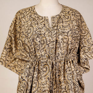 Beige - Block Print Cotton Kalamkari Kaftan with Tie-Up Waist (Short)