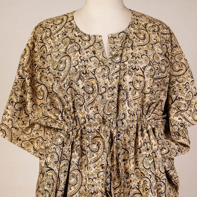 Beige - Block Print Cotton Kalamkari Kaftan with Tie-Up Waist (Short)