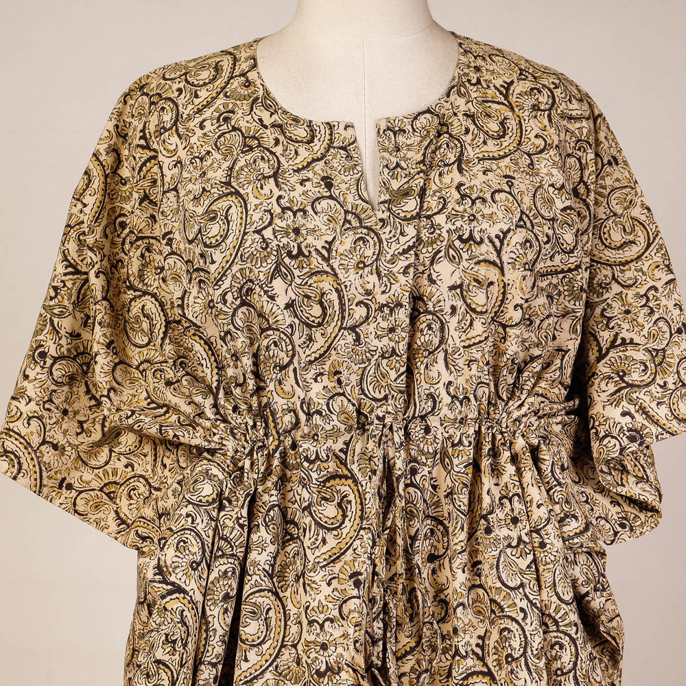 Beige - Block Print Cotton Kalamkari Kaftan with Tie-Up Waist (Short)