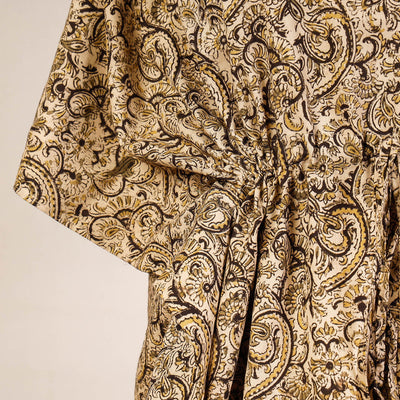 Beige - Block Print Cotton Kalamkari Kaftan with Tie-Up Waist (Short)