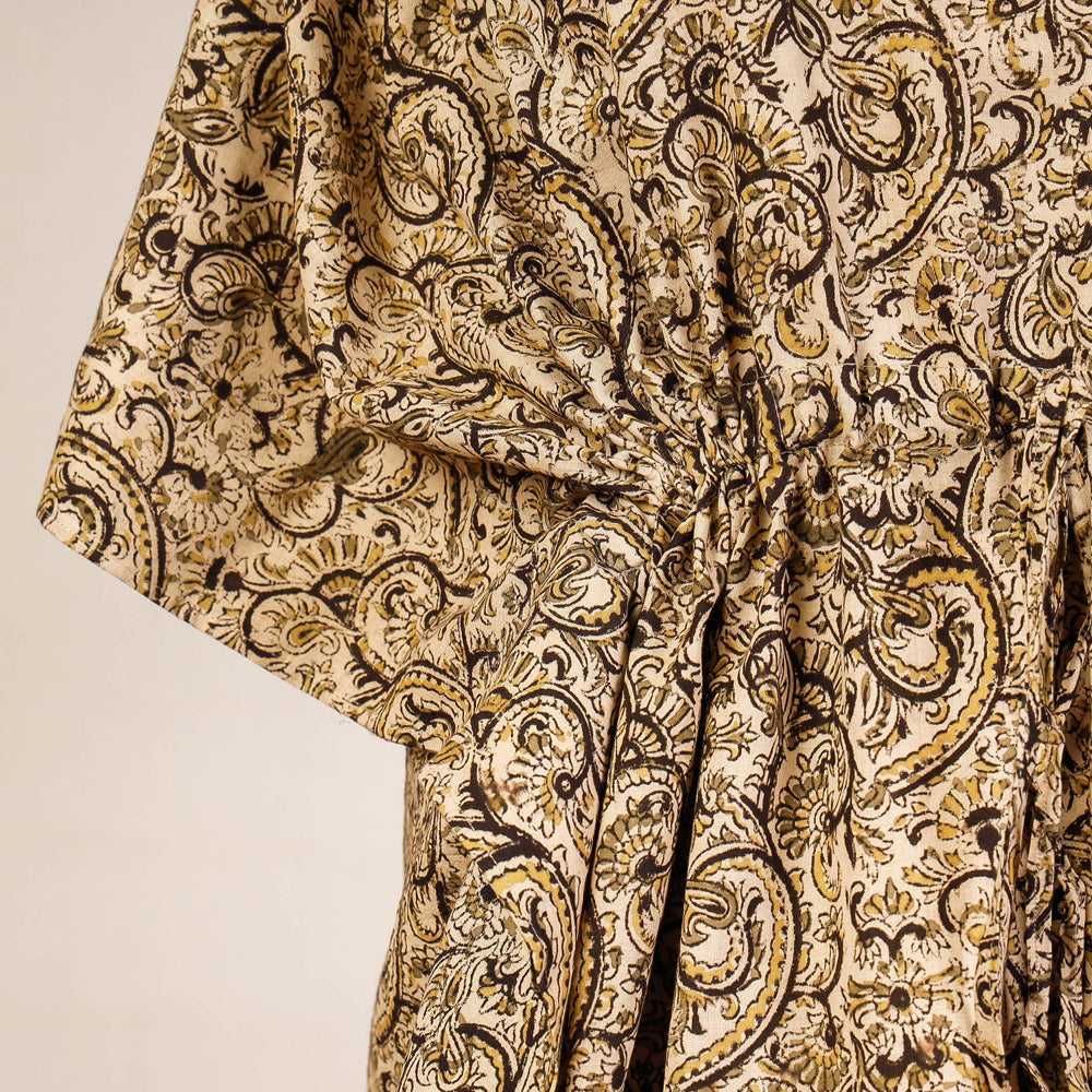 Beige - Block Print Cotton Kalamkari Kaftan with Tie-Up Waist (Short)