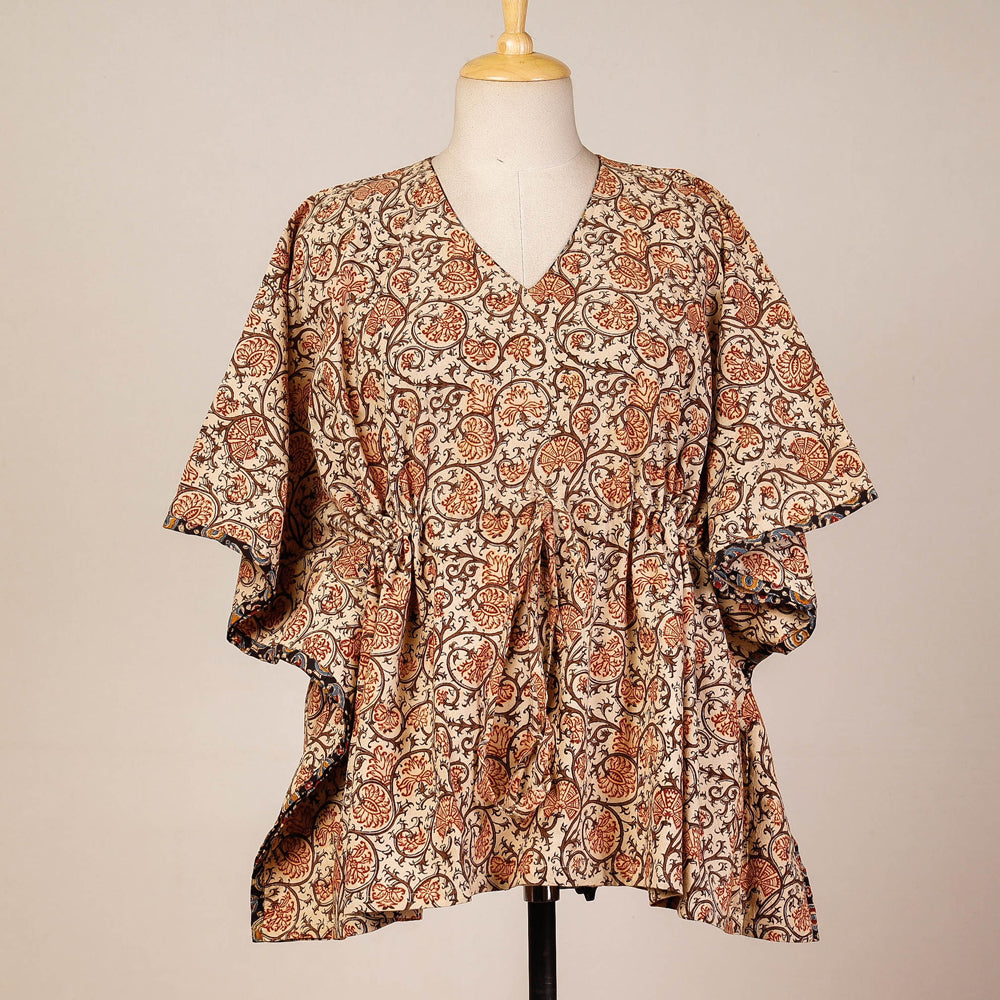 Beige - Block Print Cotton Kalamkari Kaftan with Tie-Up Waist (Short)