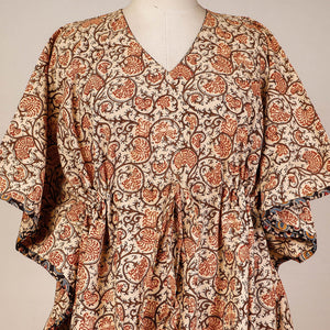 Beige - Block Print Cotton Kalamkari Kaftan with Tie-Up Waist (Short)