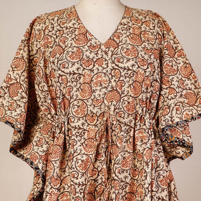 Beige - Block Print Cotton Kalamkari Kaftan with Tie-Up Waist (Short)
