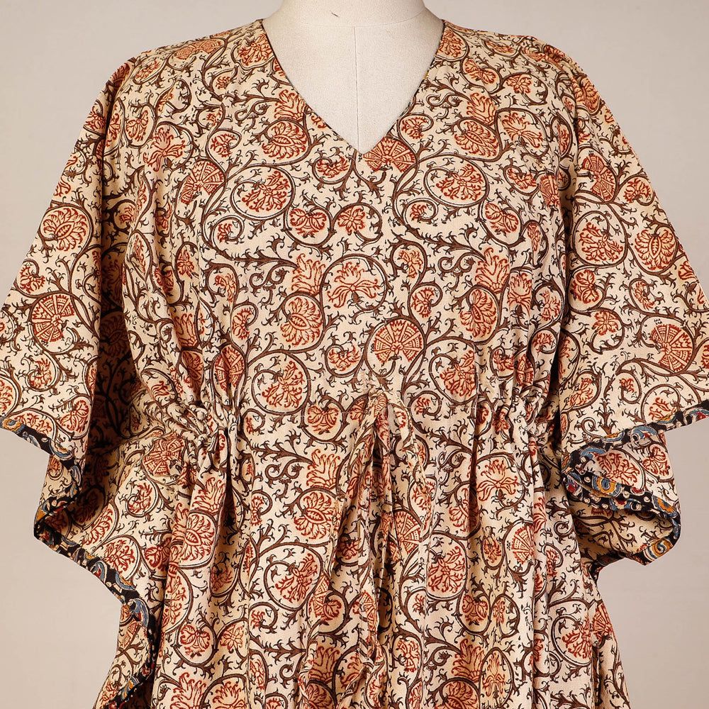 Beige - Block Print Cotton Kalamkari Kaftan with Tie-Up Waist (Short)