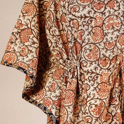 Beige - Block Print Cotton Kalamkari Kaftan with Tie-Up Waist (Short)
