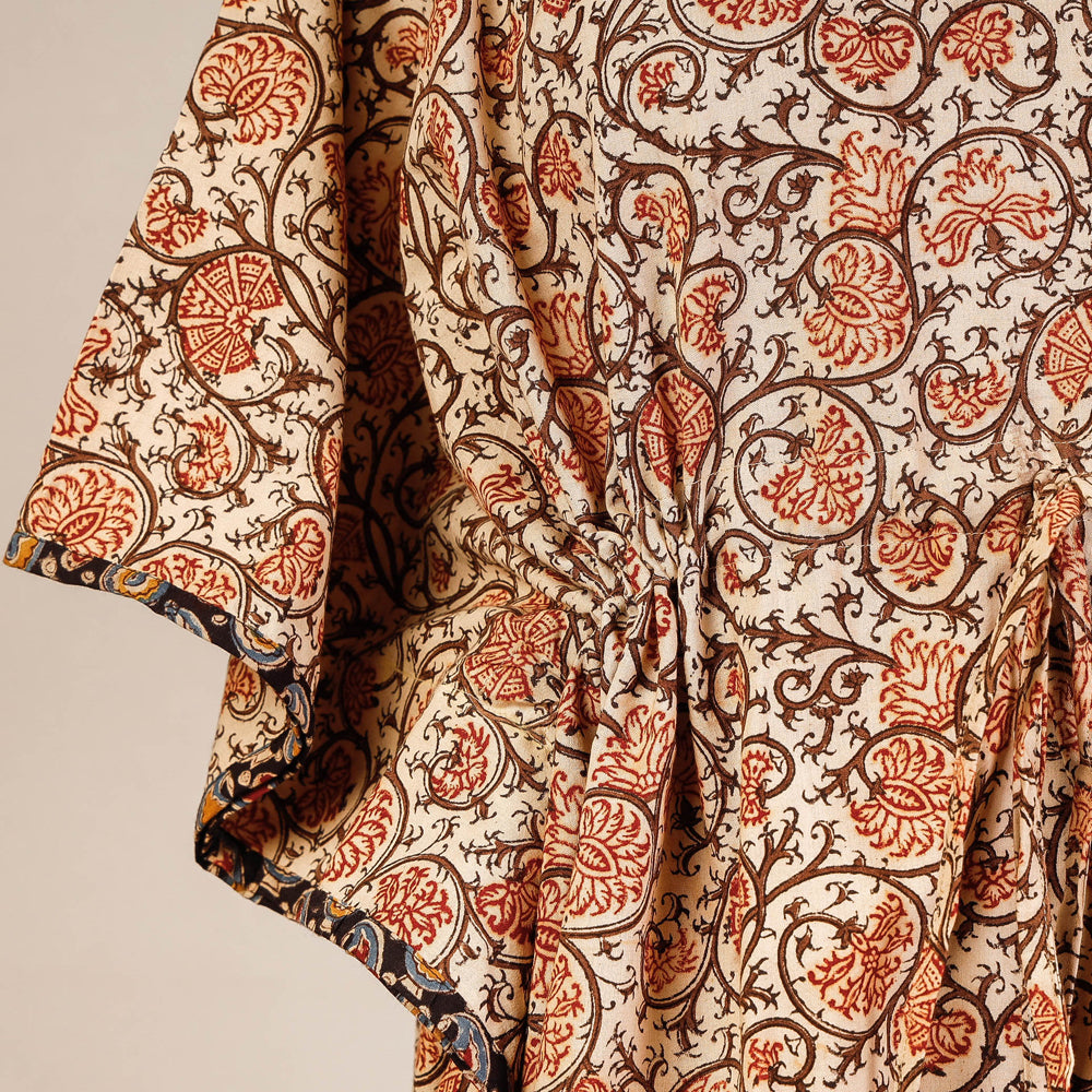 Beige - Block Print Cotton Kalamkari Kaftan with Tie-Up Waist (Short)