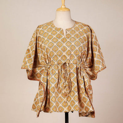 Beige - Block Print Cotton Kalamkari Kaftan with Tie-Up Waist (Short)