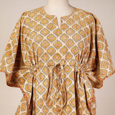 Beige - Block Print Cotton Kalamkari Kaftan with Tie-Up Waist (Short)