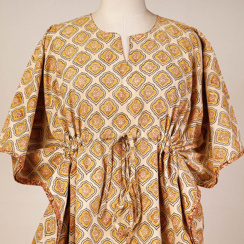 Beige - Block Print Cotton Kalamkari Kaftan with Tie-Up Waist (Short)