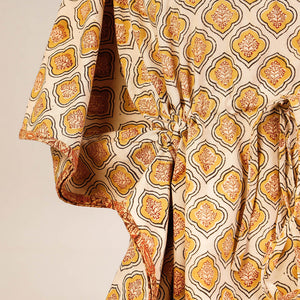 Beige - Block Print Cotton Kalamkari Kaftan with Tie-Up Waist (Short)