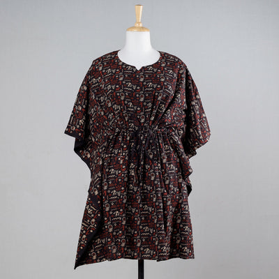 Black - Ajrakh Block Printed Cotton Kaftan with Tie-Up Waist (Medium)