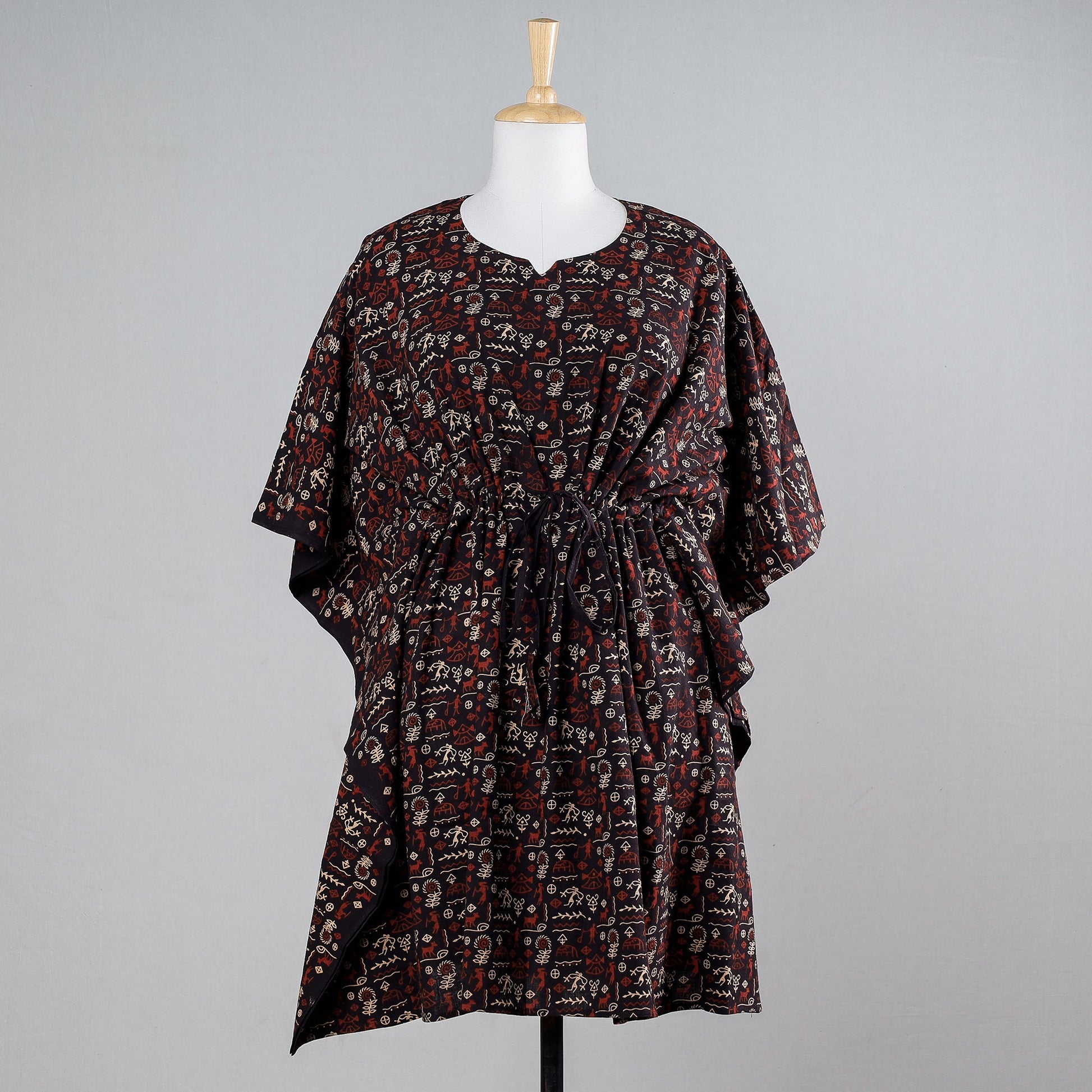 Black - Ajrakh Block Printed Cotton Kaftan with Tie-Up Waist (Medium)