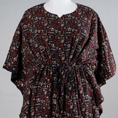 Black - Ajrakh Block Printed Cotton Kaftan with Tie-Up Waist (Medium)