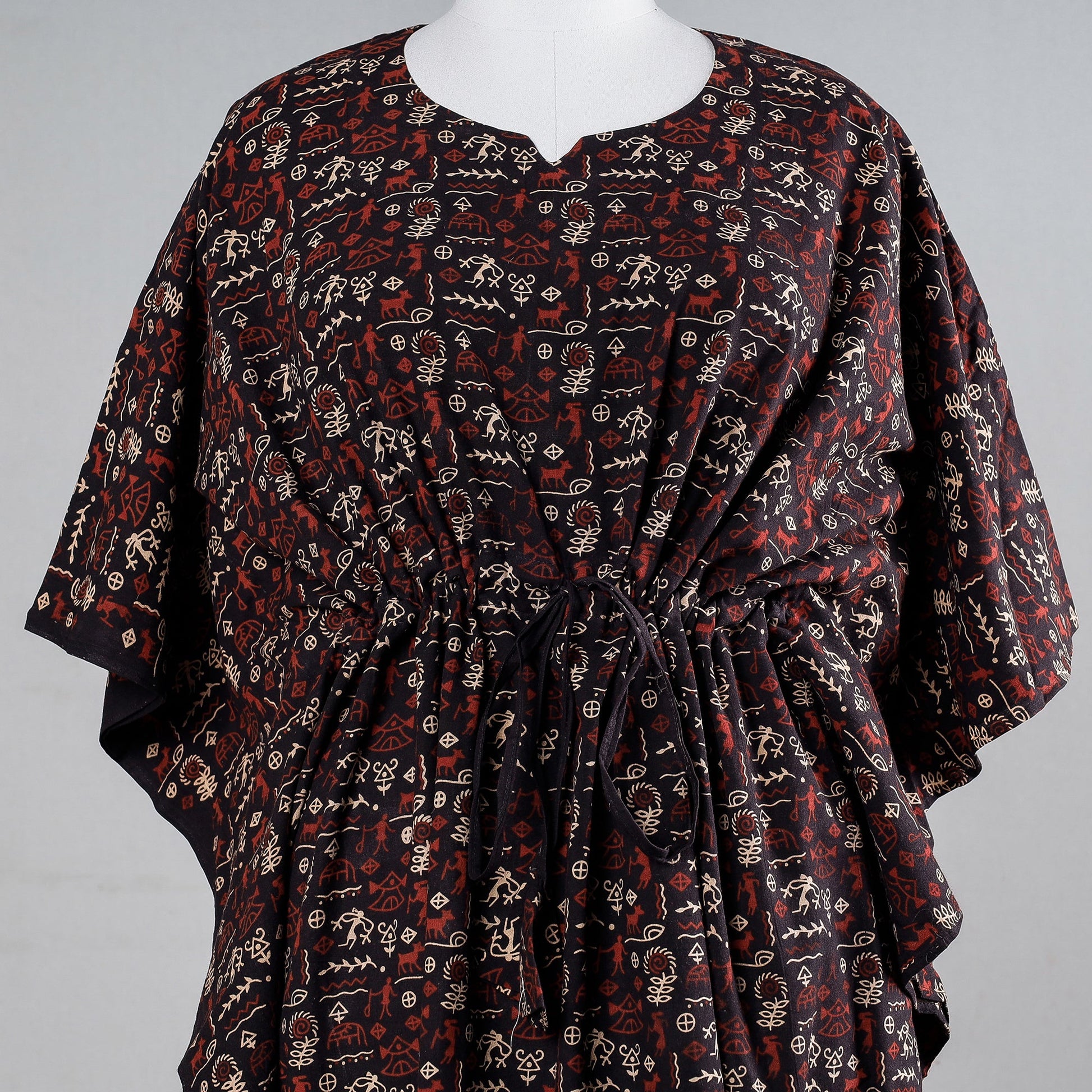 Black - Ajrakh Block Printed Cotton Kaftan with Tie-Up Waist (Medium)