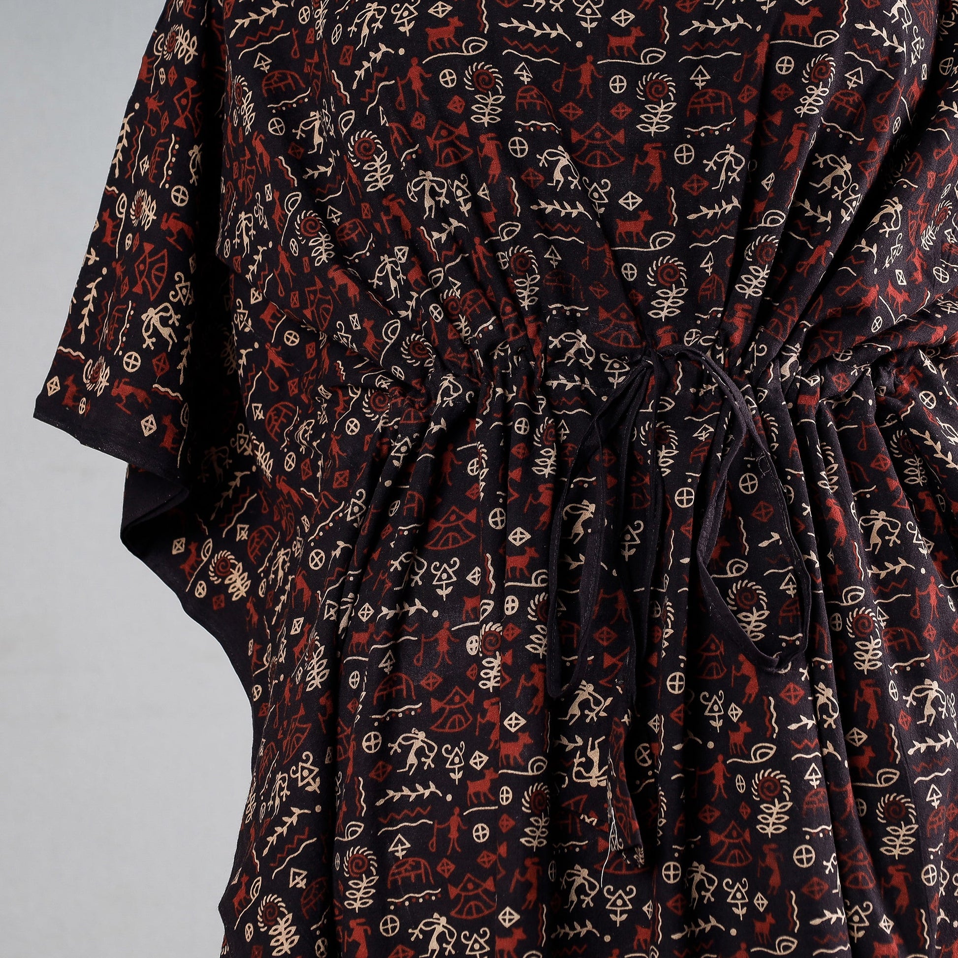 Black - Ajrakh Block Printed Cotton Kaftan with Tie-Up Waist (Medium)