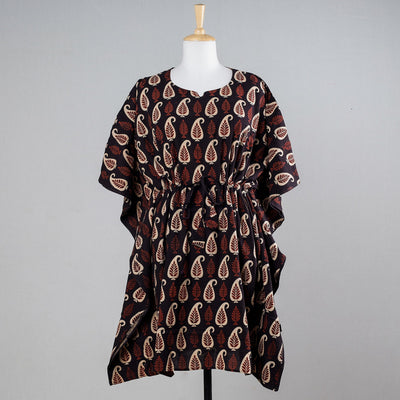 Black - Ajrakh Block Printed Cotton Kaftan with Tie-Up Waist (Medium)