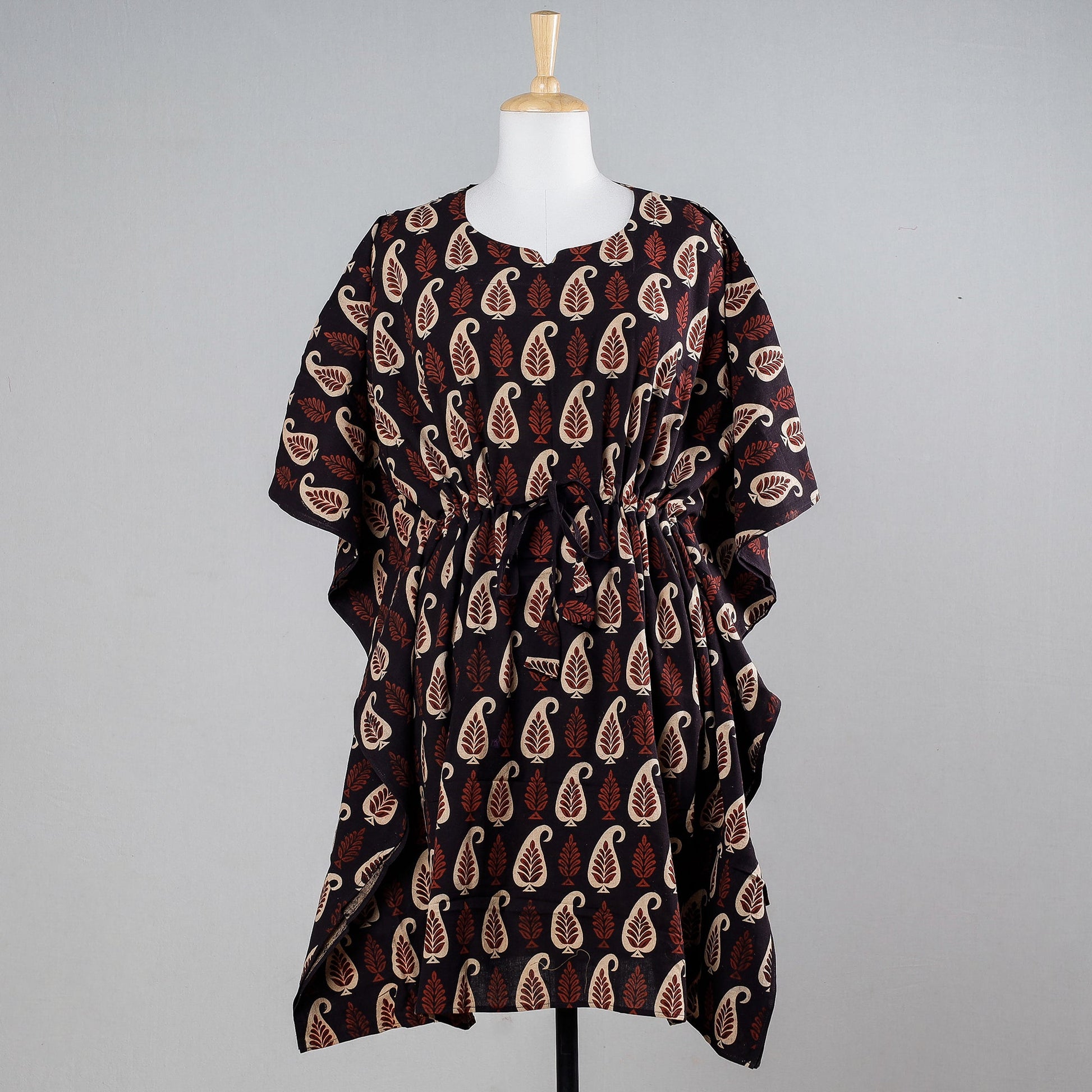 Black - Ajrakh Block Printed Cotton Kaftan with Tie-Up Waist (Medium)