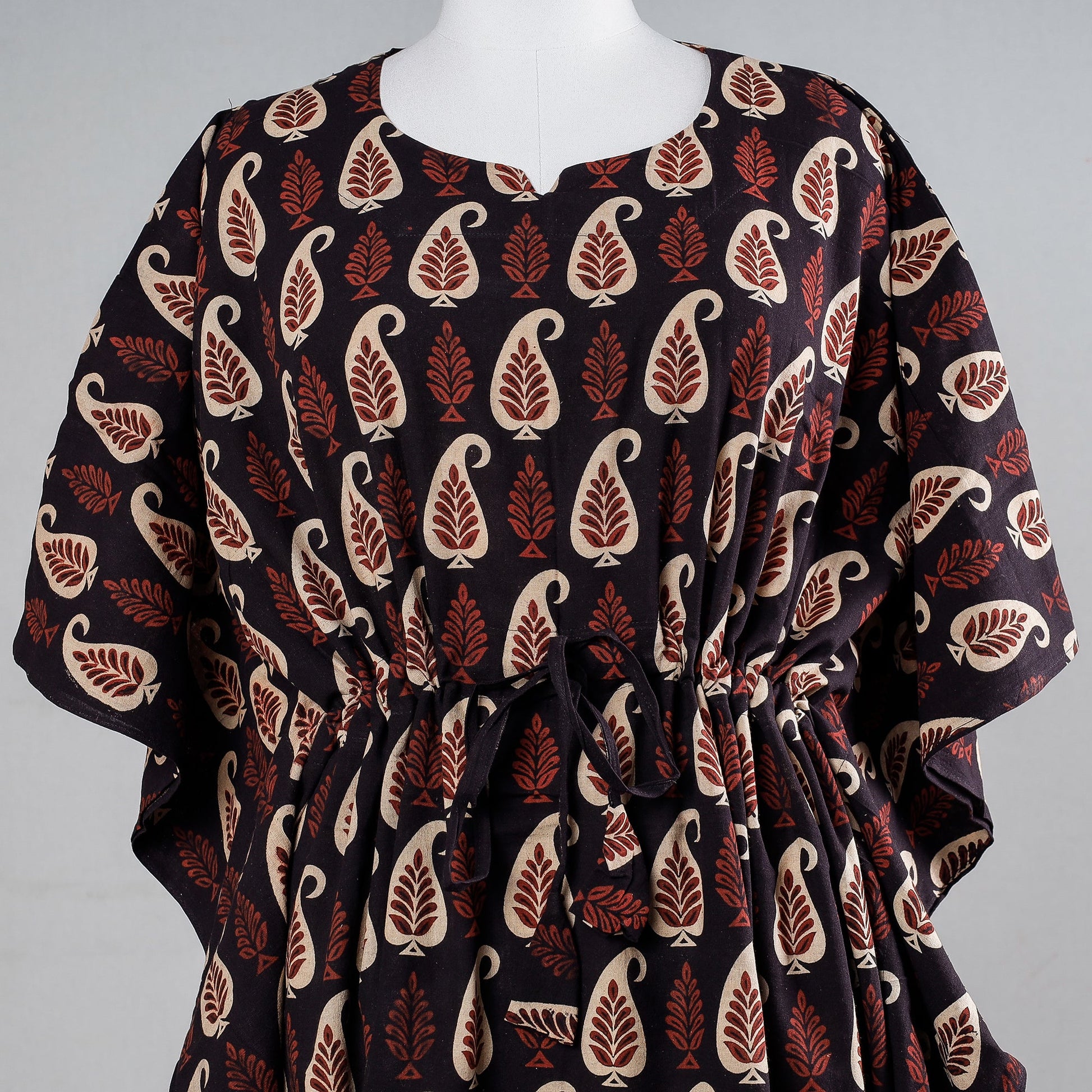 Black - Ajrakh Block Printed Cotton Kaftan with Tie-Up Waist (Medium)