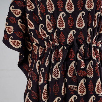 Black - Ajrakh Block Printed Cotton Kaftan with Tie-Up Waist (Medium)