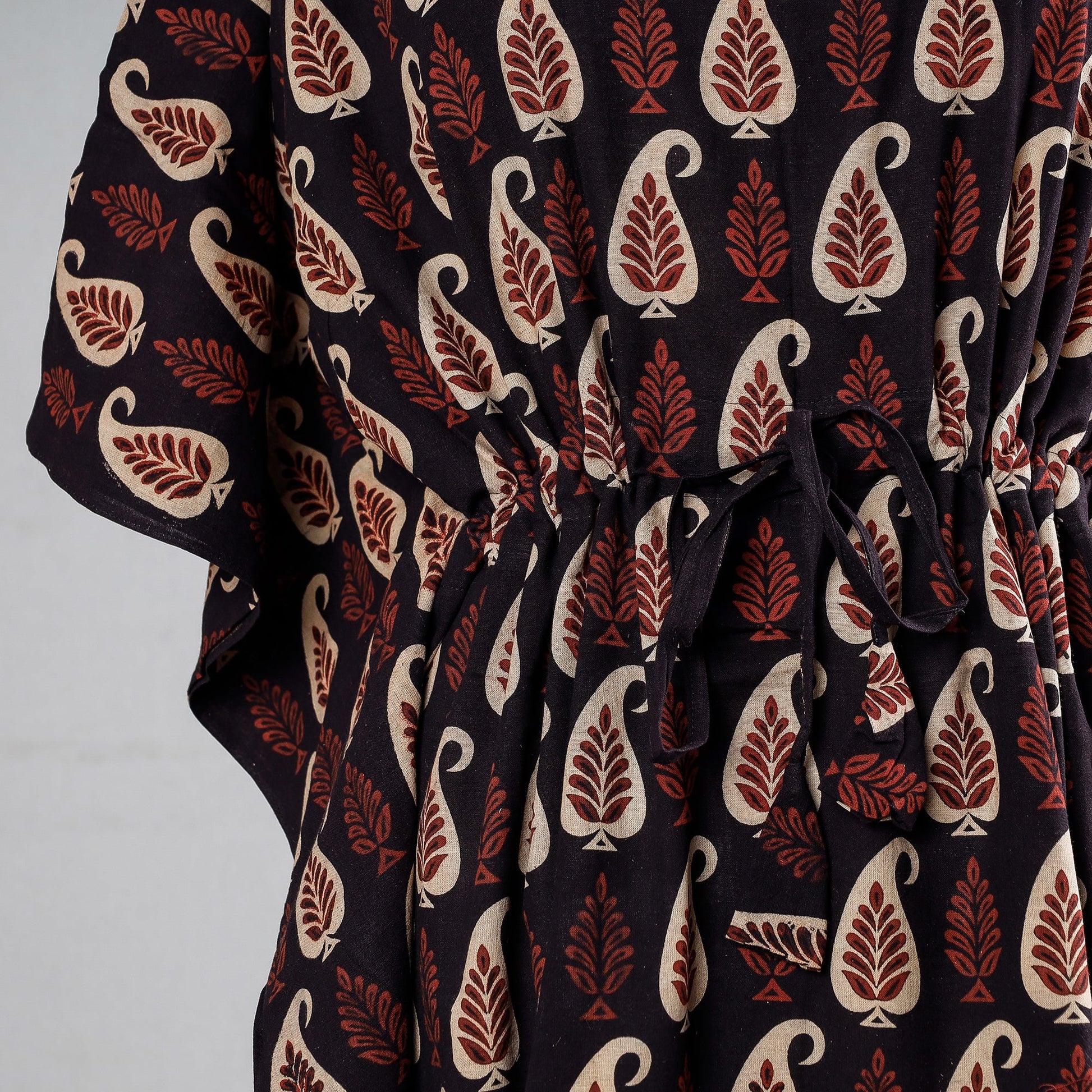 Black - Ajrakh Block Printed Cotton Kaftan with Tie-Up Waist (Medium)