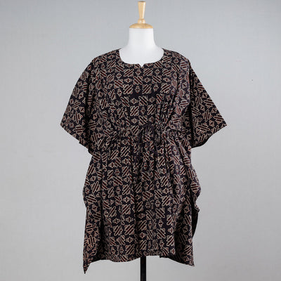 Black - Ajrakh Block Printed Cotton Kaftan with Tie-Up Waist (Medium)