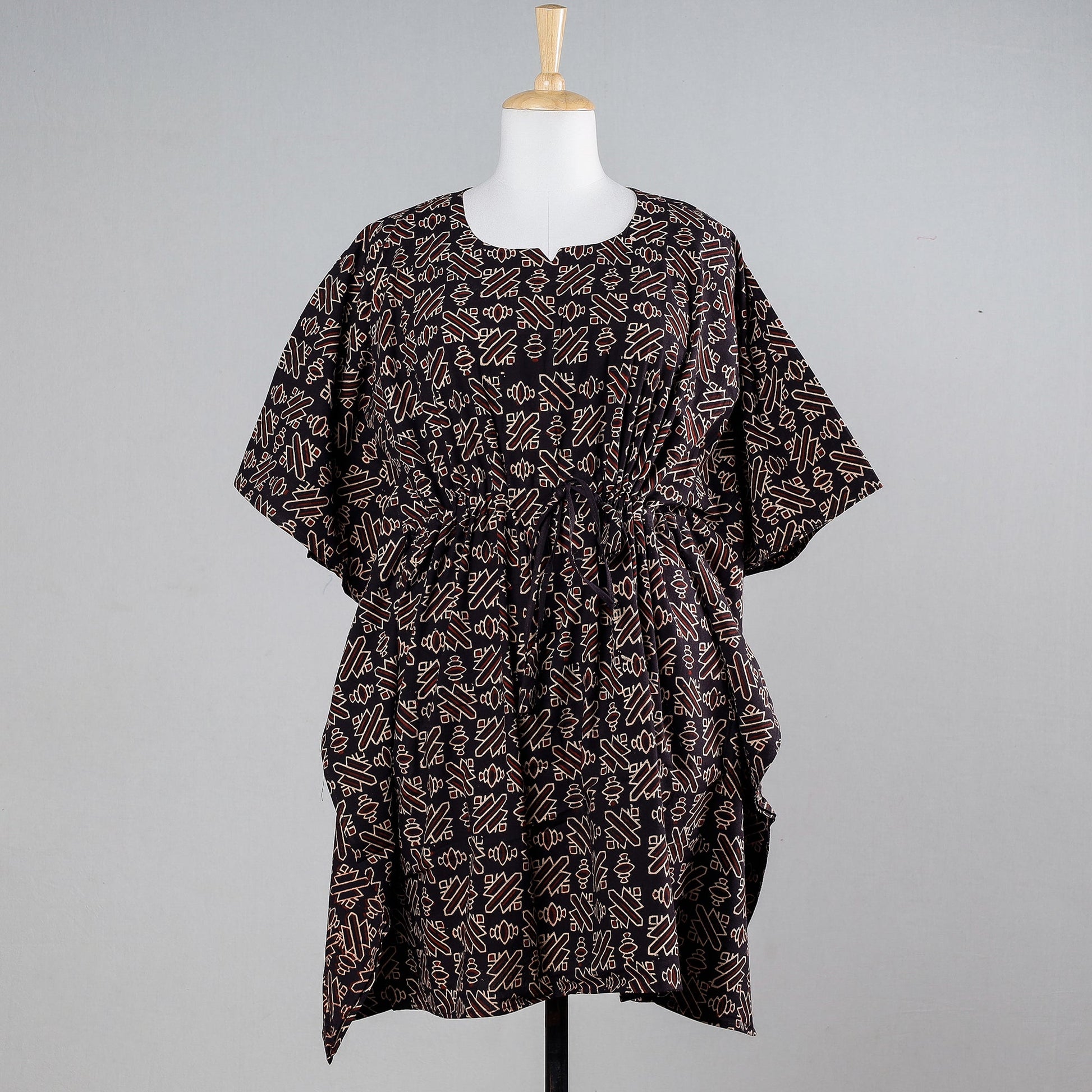 Black - Ajrakh Block Printed Cotton Kaftan with Tie-Up Waist (Medium)