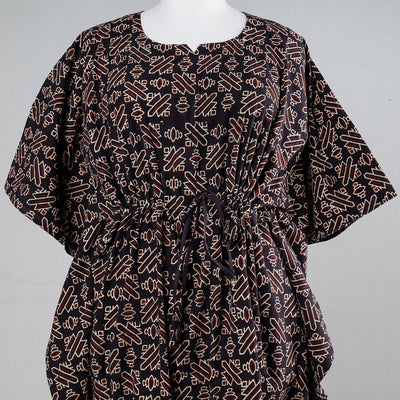 Black - Ajrakh Block Printed Cotton Kaftan with Tie-Up Waist (Medium)