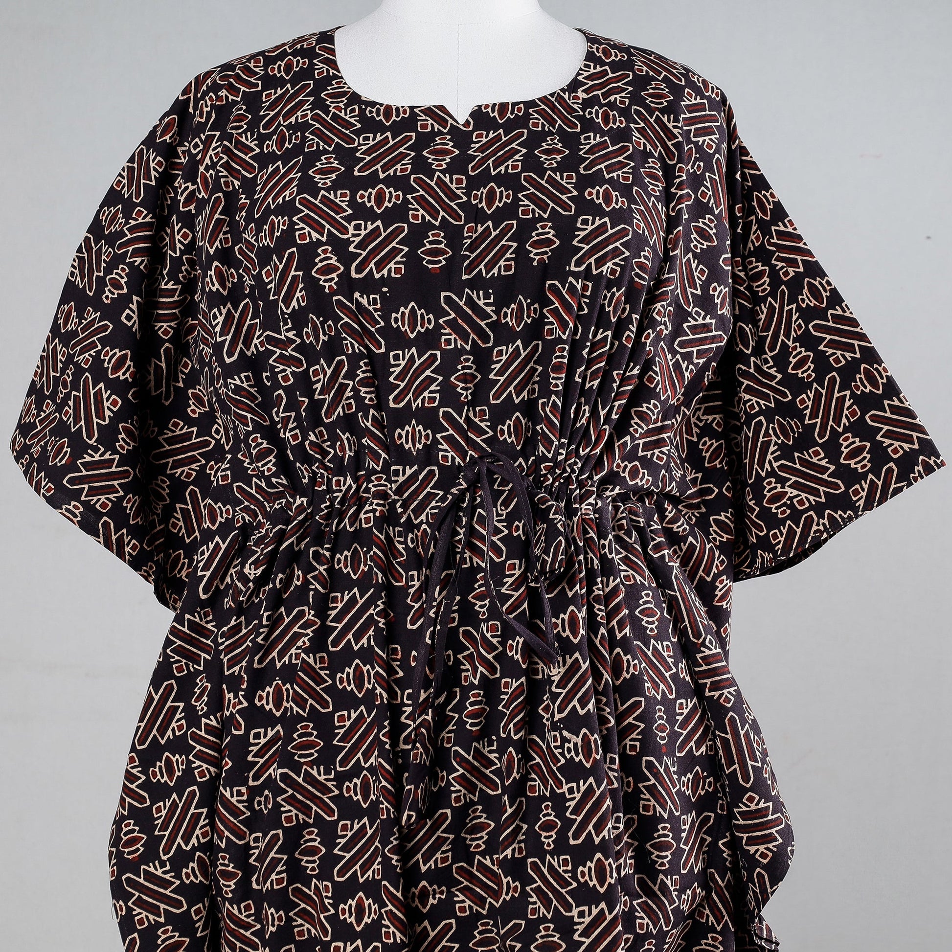 Black - Ajrakh Block Printed Cotton Kaftan with Tie-Up Waist (Medium)
