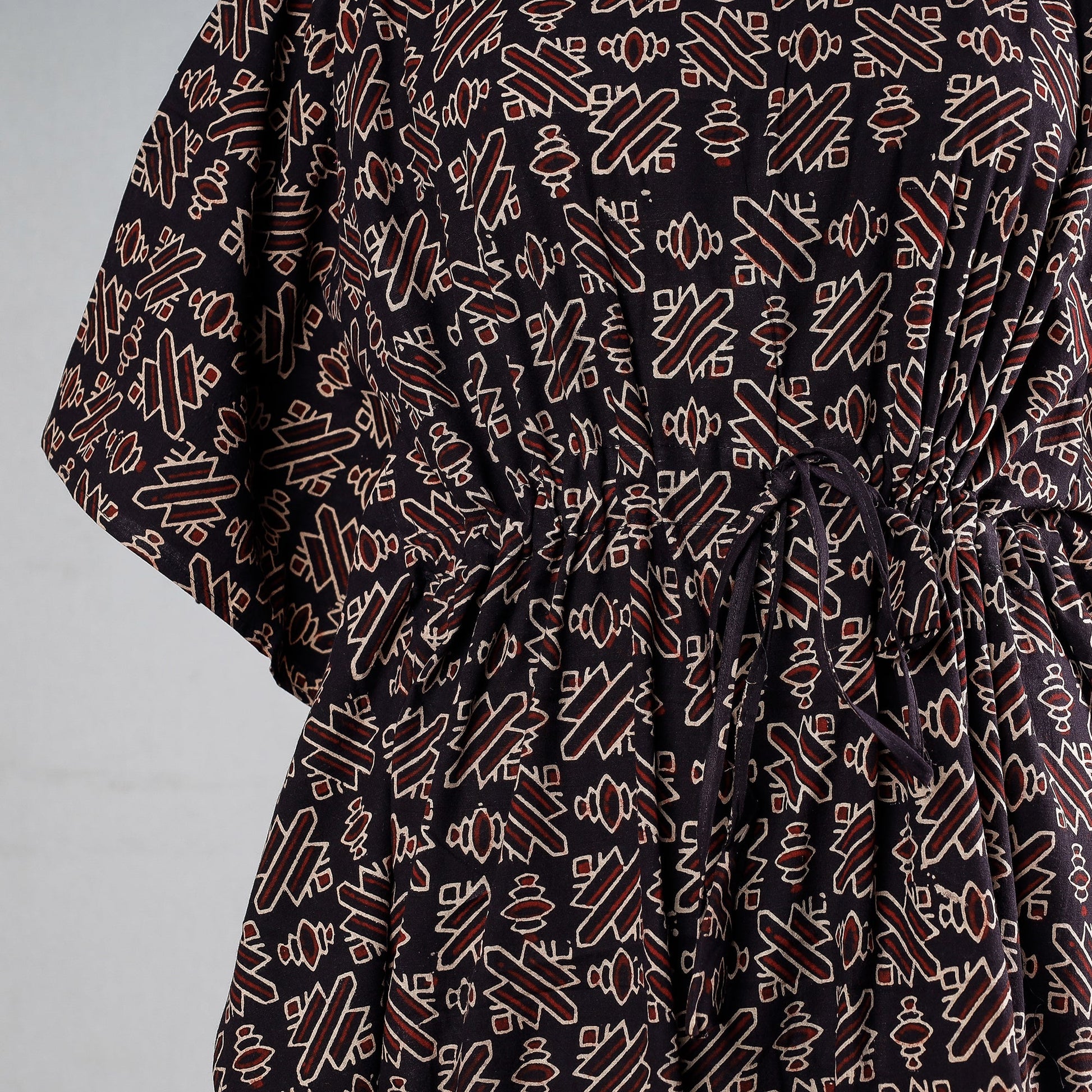 Black - Ajrakh Block Printed Cotton Kaftan with Tie-Up Waist (Medium)
